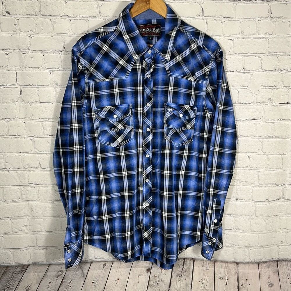 Rock & Roll Cowboy Mens Large Blue Plaid Long Sleeve Snap Shirt Country‎ HOLE